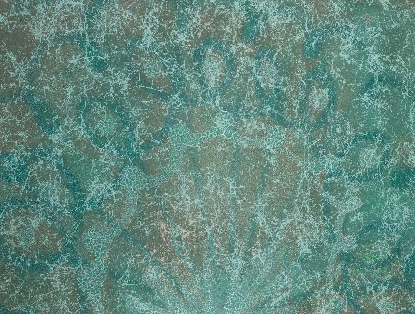 Ashes Of Us, 2025 — teal and aqua capillaries spread across a copper-sand ground; warmth left behind.