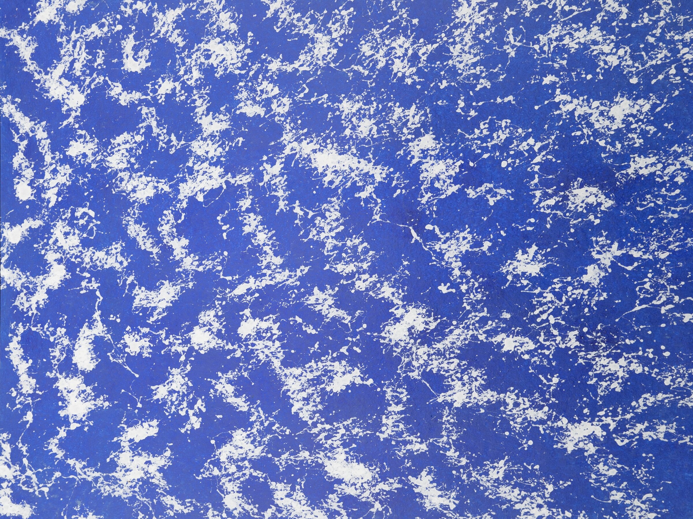 When the Ocean Listens, 2025 — drifts of white spatter held inside a cobalt field, the surface listening between the waves.
