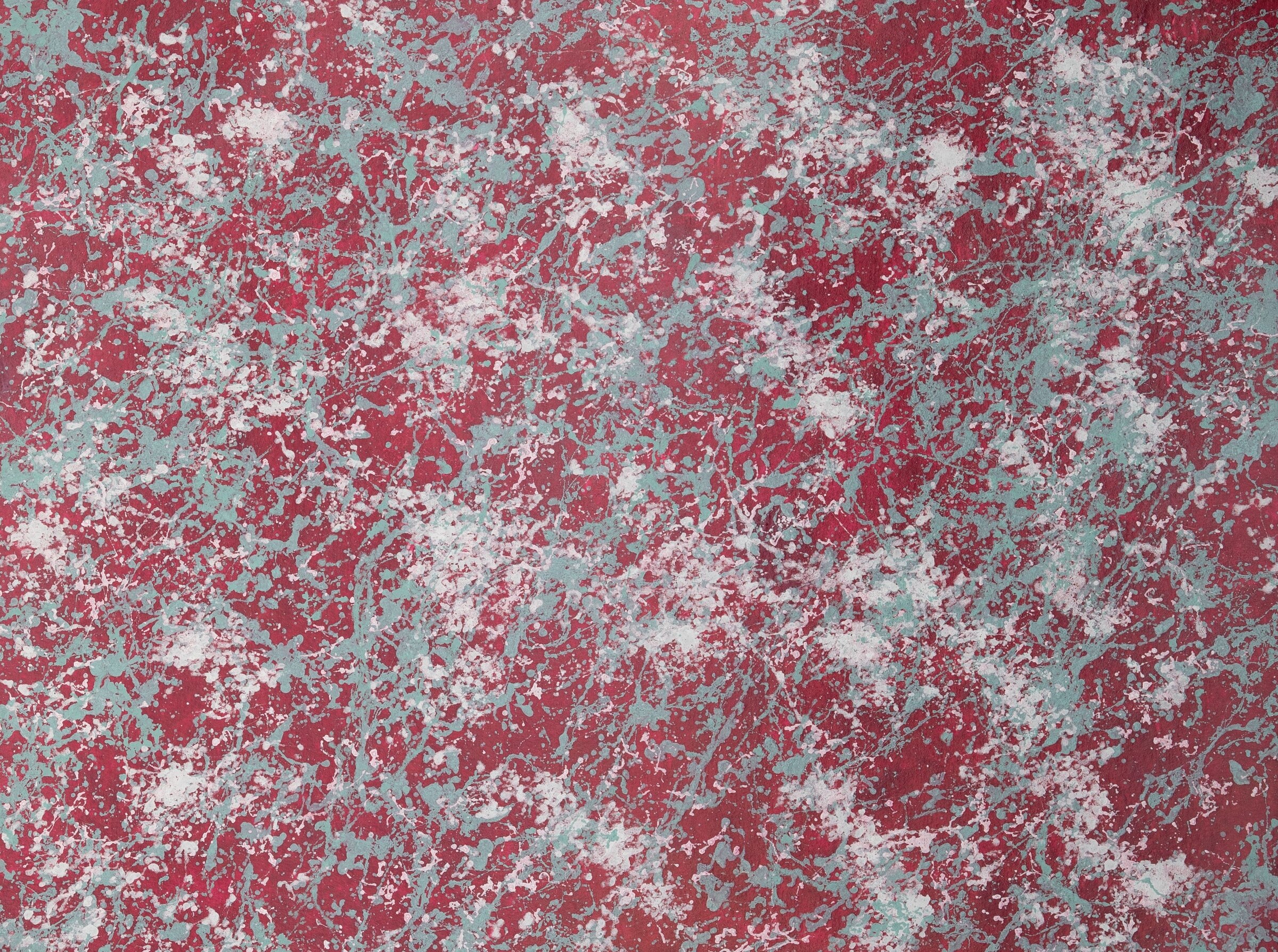 When the Ocean Looks Back, 2025 — crimson ground worked over with pale teal and white spatter; the watcher and the watched collapsing into one surface.